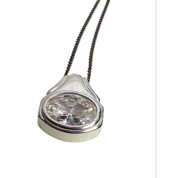 925 Sterling Silver Chain Pendant Necklace with CZ Cubic Zirconia Cabochon Inlay - Picture 2 of 6